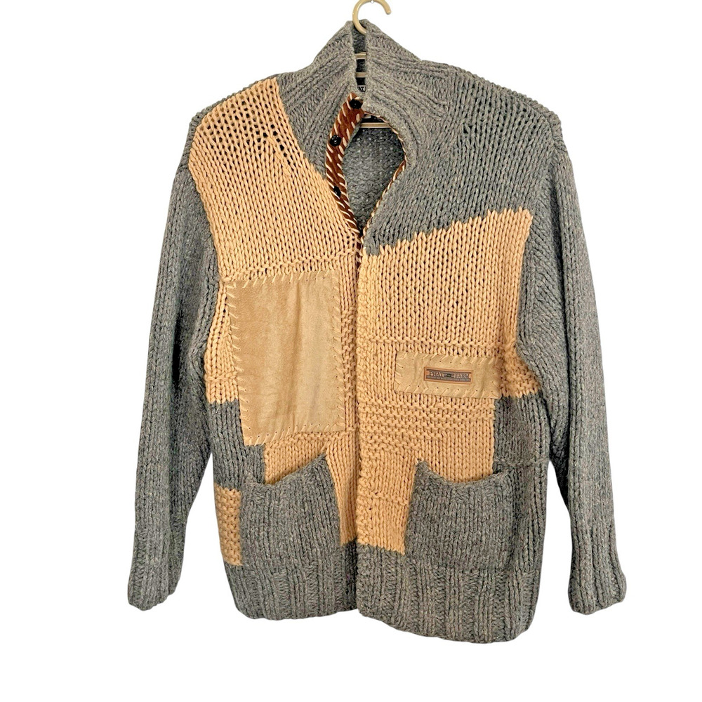 Phat Farm Wool Cardigan Sweater Men Size XL Gray Tan Chunky Cozy Grandpa Hip Hop